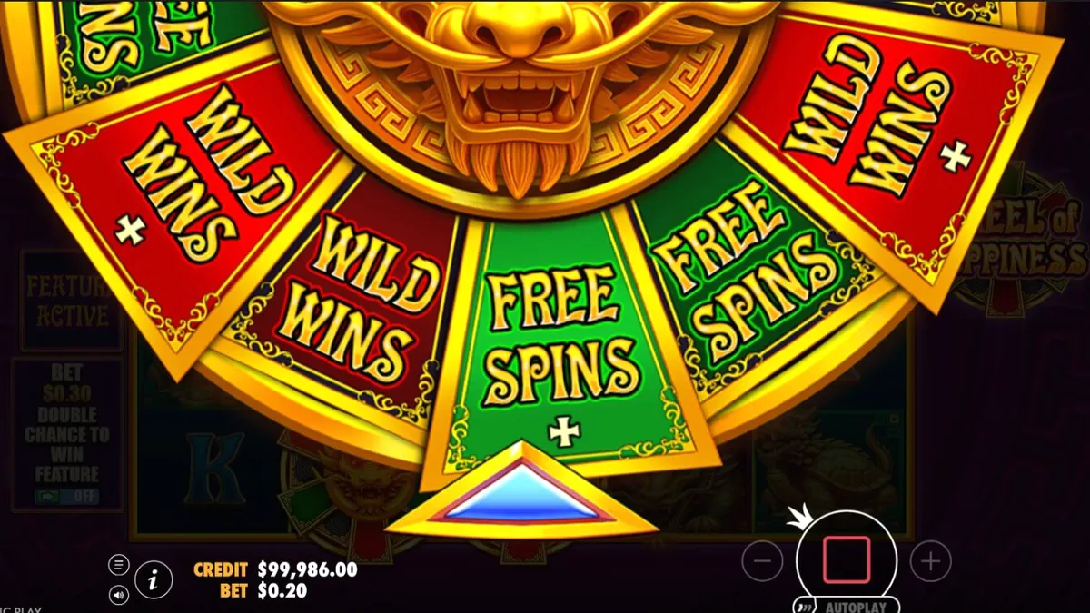 Tampilan visual slot Wheel of Happiness dengan tema naga emas dan latar belakang merah oriental yang dramatis.